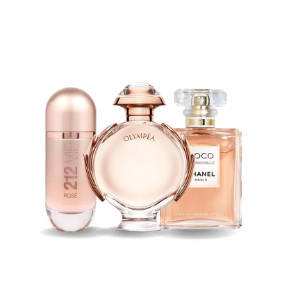 Combo promocional de 3 perfumes Carolina Herrera GOOD GIRL, Chanel Nº5 e Paco Rabanne FAME