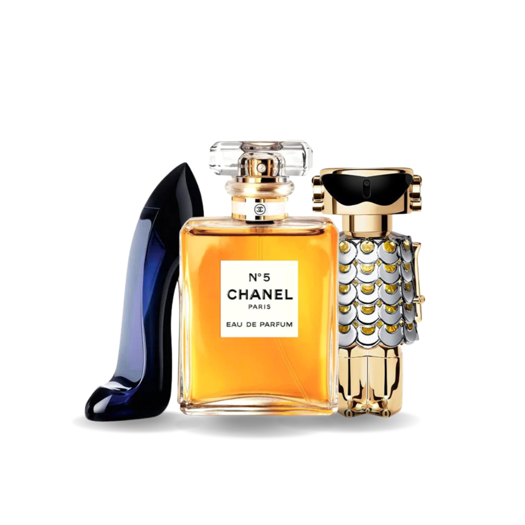 Combo promocional de 3 perfumes Carolina Herrera GOOD GIRL, Chanel Nº5 e Paco Rabanne FAME