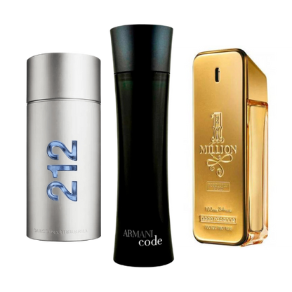 Combo promocional de 3 perfumes 212 Men NYC, Paco Rabanne One Milion y Armani Code Homme 100ml