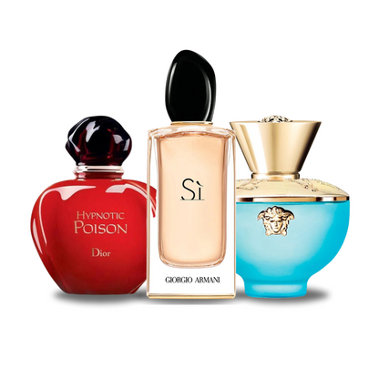 Combo promocional de 3 perfumes Dior HYPNOTIC POISON, Giorgio Armani SÌ e Versace DYLAN TURQUOISE 100ml