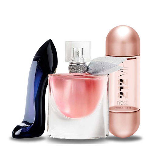 Combo promocional de 3 perfumes Carolina Herrera GOOD GIRL, Lancôme LA VIE EST BELLE e Carolina Herrera 212 VIP ROSÉ 100ml