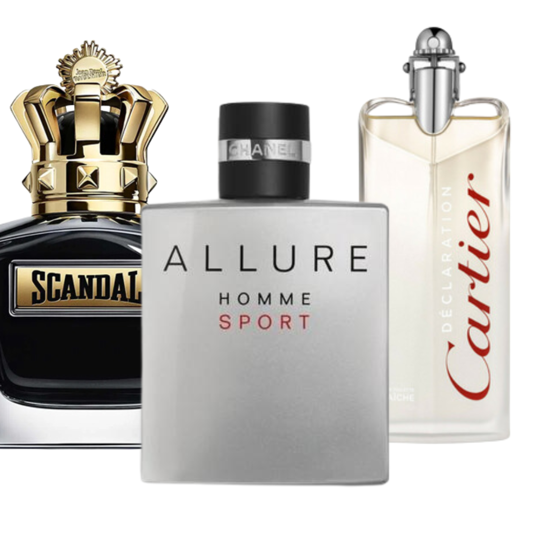 Combo promocional de 3 perfumes Allure Homme Sports, Jean Paul Gaultier Scandal, y Cartier Declaration 100ml