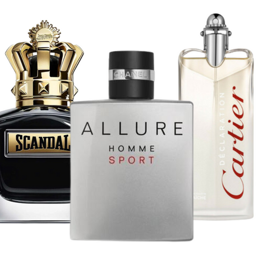 Combo promocional de 3 perfumes Allure Homme Sports, Jean Paul Gaultier Scandal, y Cartier Declaration 100ml