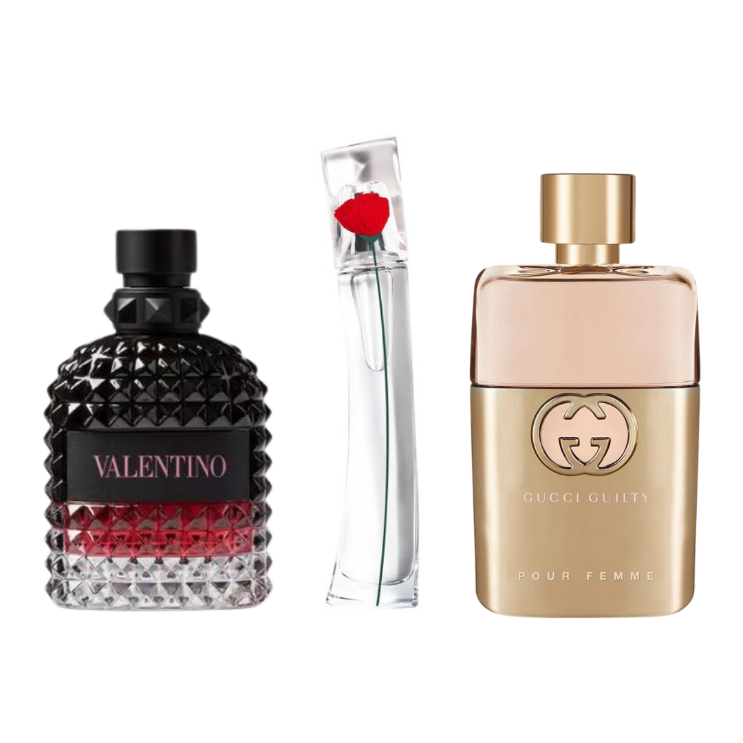 Combo promocional de 3 perfumes Gucci Guilt, Valentini Intense, y Flower Kenzo 100ml