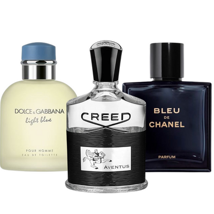 Combo promocional de 3 perfumes Bleu de Chanel, Creed Aventus, y Light Blue Dolce Gabbana 100ml