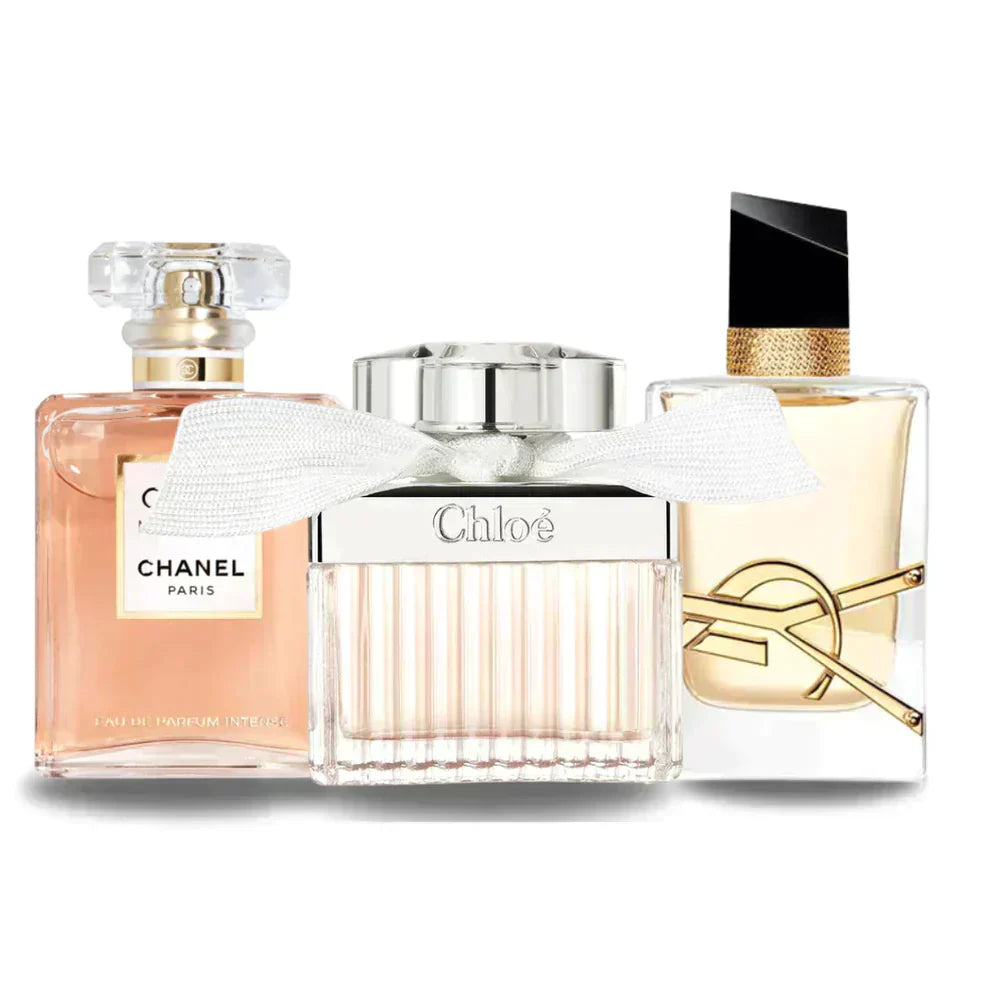 Combo promocional de 3 perfumes Chanel COCO MADEMOISELLE, Yves Saint Laurent LIBRE e CHLOÉ 100ml